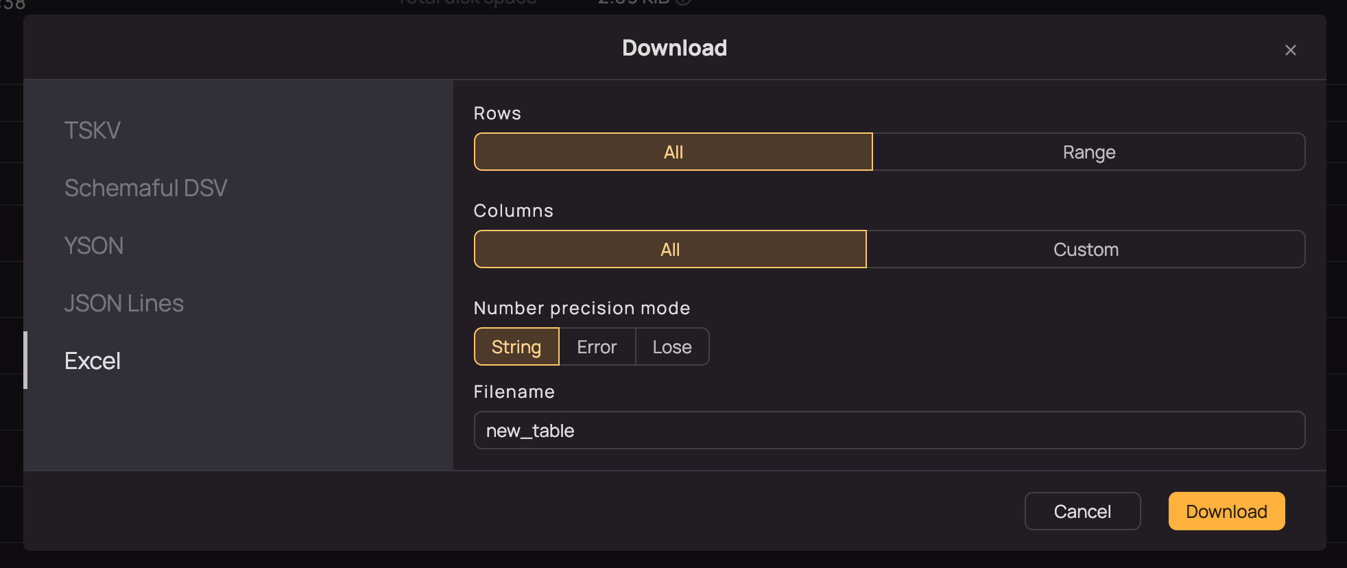 Excel export tab in the UI